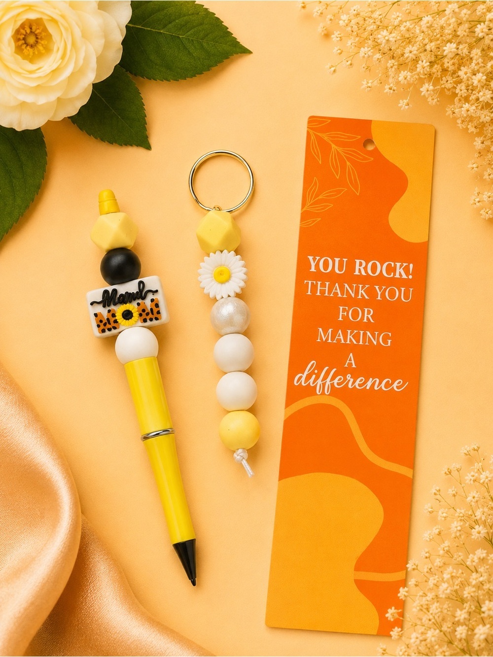 Yellow 'You Rock' Beaded Pen & Keychain Set - Stylish Home Office Gift